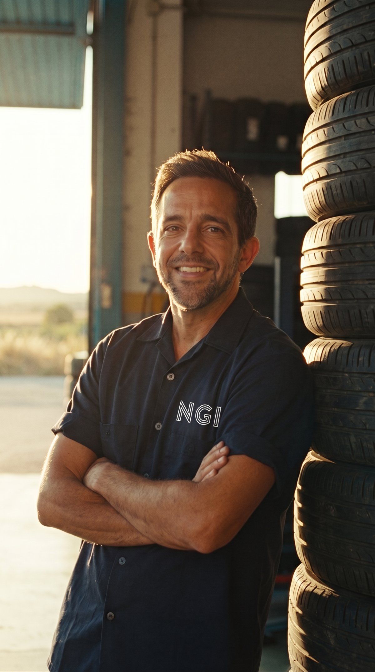 Javi, de NGI, junto a una pila de neumáticos en el almacén